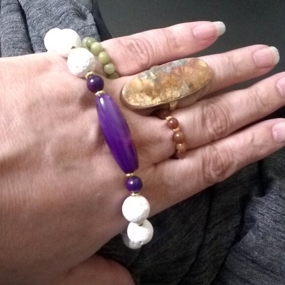 Purple Banded Agate + White Lava Rock - Chunky Bracelet for Larger Wrists 8" - Picture 4 of 9